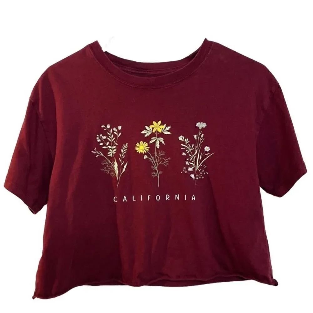Cold Crush Floral Raw Edge Short Sleeve Crop Top Maroon Red Size Medium